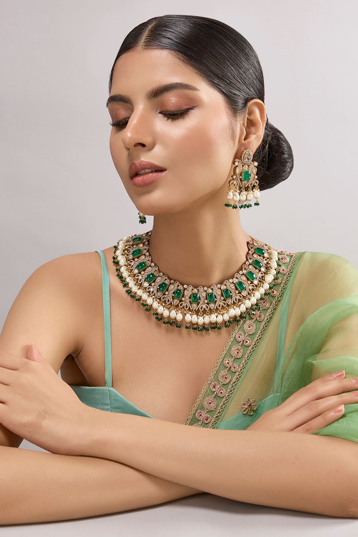 Gold Finish Kundan Polki & Green Stone Necklace Set
