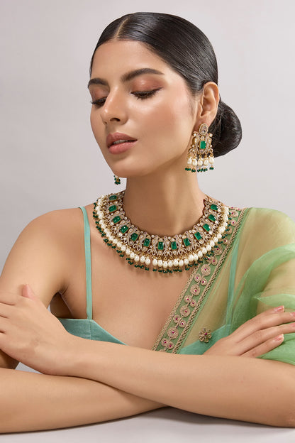 Gold Finish Kundan Polki & Green Stone Necklace Set