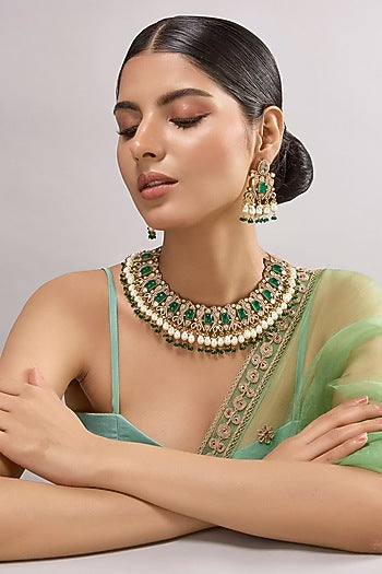Gold Finish Kundan Polki & Green Stone Necklace Set