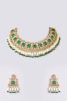 Gold Finish Kundan Polki & Green Stone Necklace Set