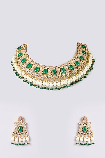 Gold Finish Kundan Polki & Green Stone Necklace Set