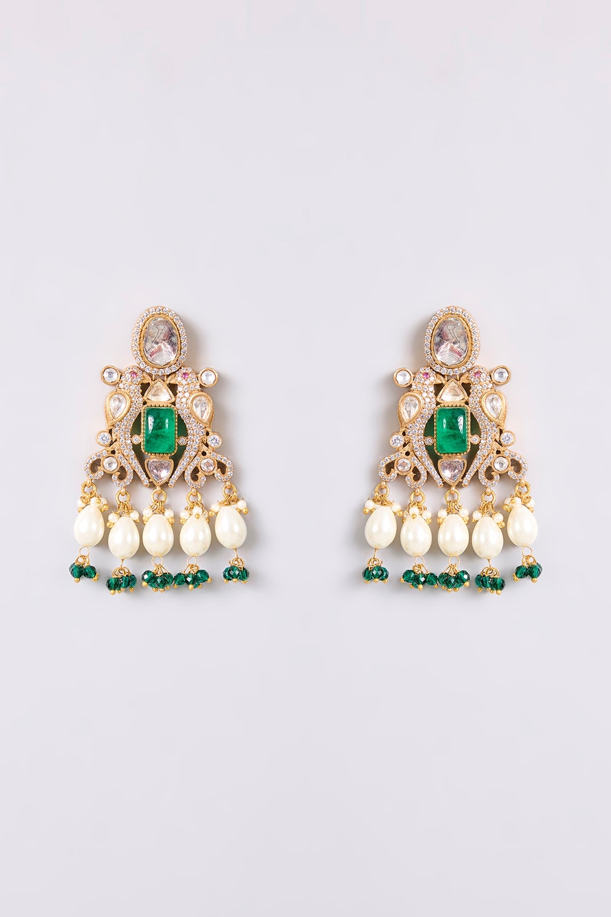 Gold Finish Kundan Polki & Green Stone Necklace Set