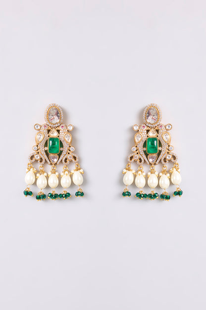 Gold Finish Kundan Polki & Green Stone Necklace Set
