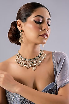 Gold Finish Kundan Polki & Green Stone Necklace Set