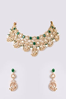 Gold Finish Kundan Polki & Green Stone Necklace Set