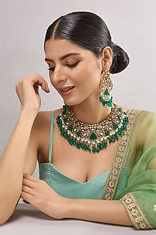 Two-Tone Finish Kundan Polki & Green Stone Necklace Set