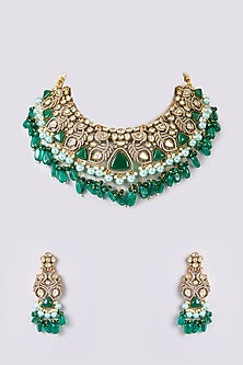 Two-Tone Finish Kundan Polki & Green Stone Necklace Set