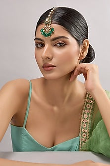 Gold Finish Kundan Polki & Green Stone Maangtikka