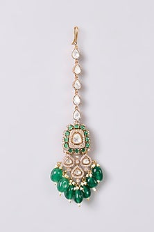 Gold Finish Kundan Polki & Green Stone Maangtikka