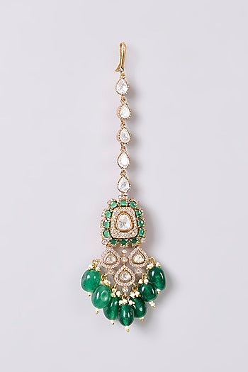 Gold Finish Kundan Polki & Green Stone Maangtikka