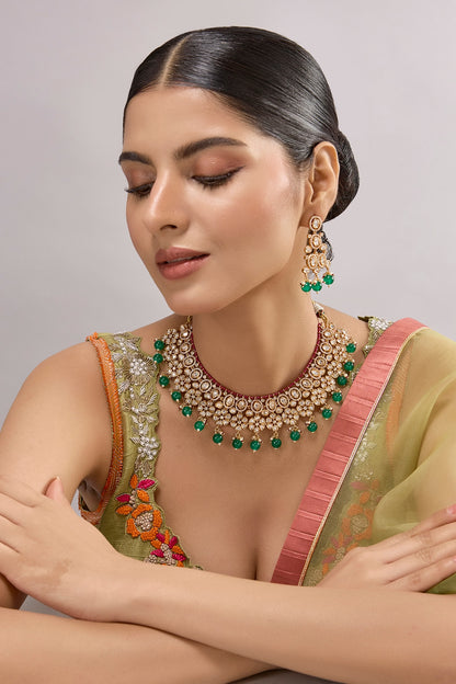 Gold Finish Kundan Polki & Emerald Stone Necklace Set