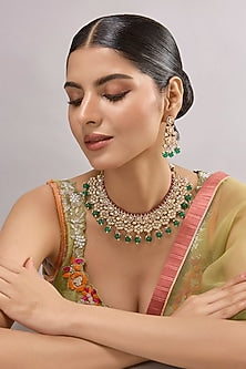 Gold Finish Kundan Polki & Emerald Stone Necklace Set