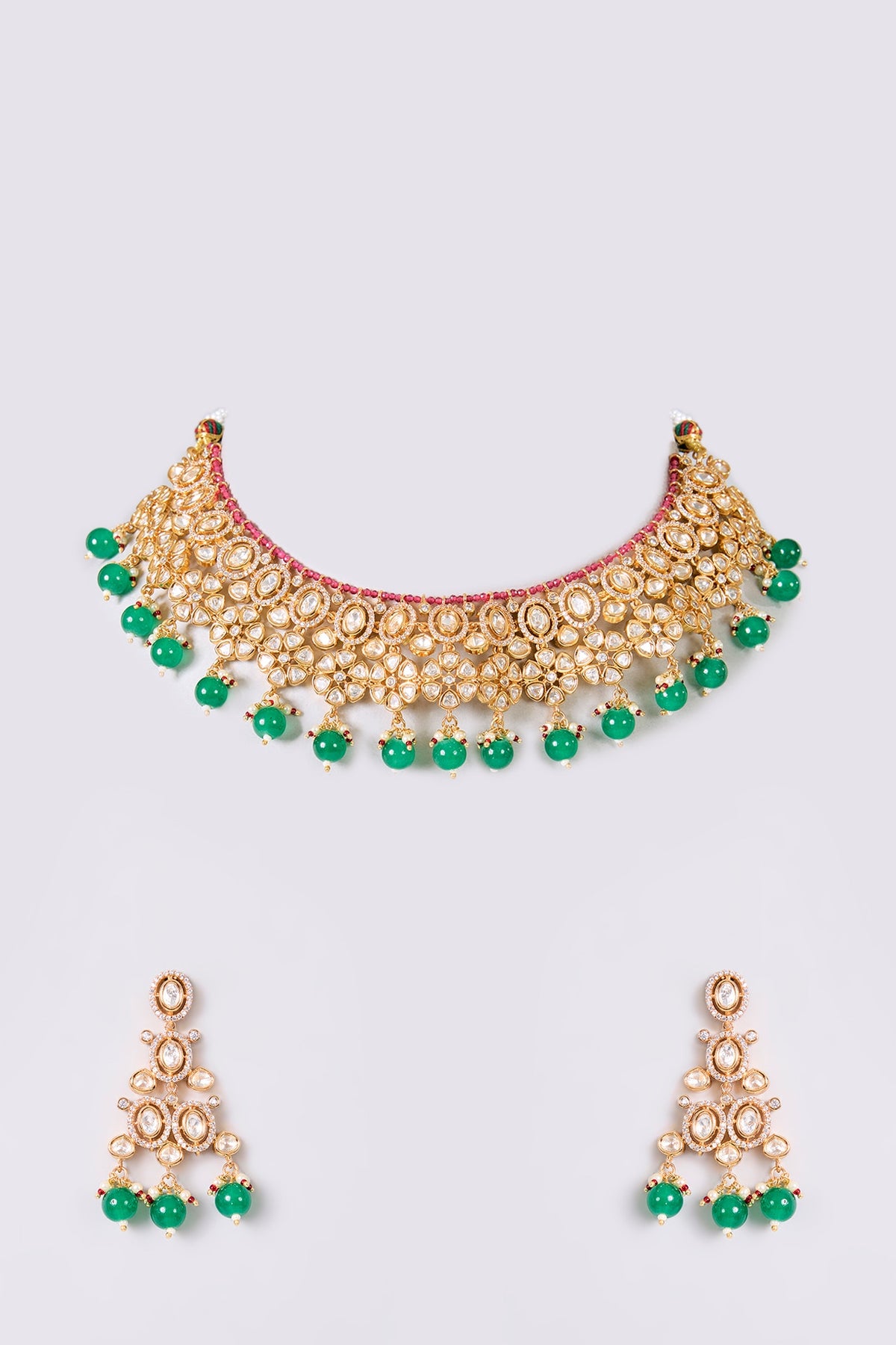 Gold Finish Kundan Polki & Emerald Stone Necklace Set