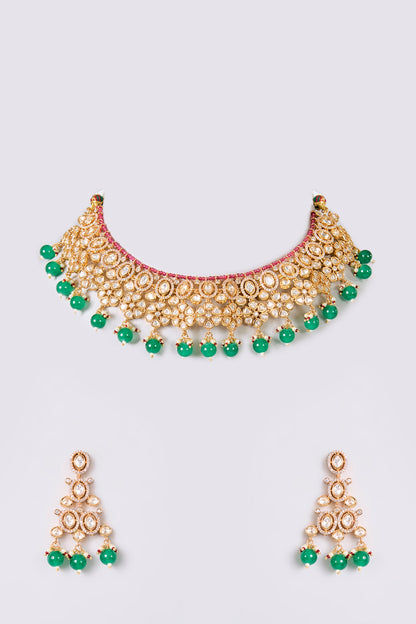 Gold Finish Kundan Polki & Emerald Stone Necklace Set