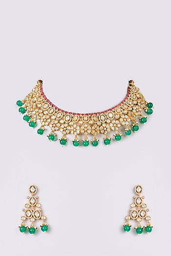 Gold Finish Kundan Polki & Emerald Stone Necklace Set