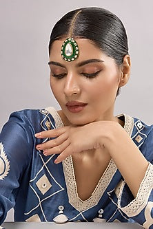 Gold Finish Kundan Polki & Green Stone Maangtikka