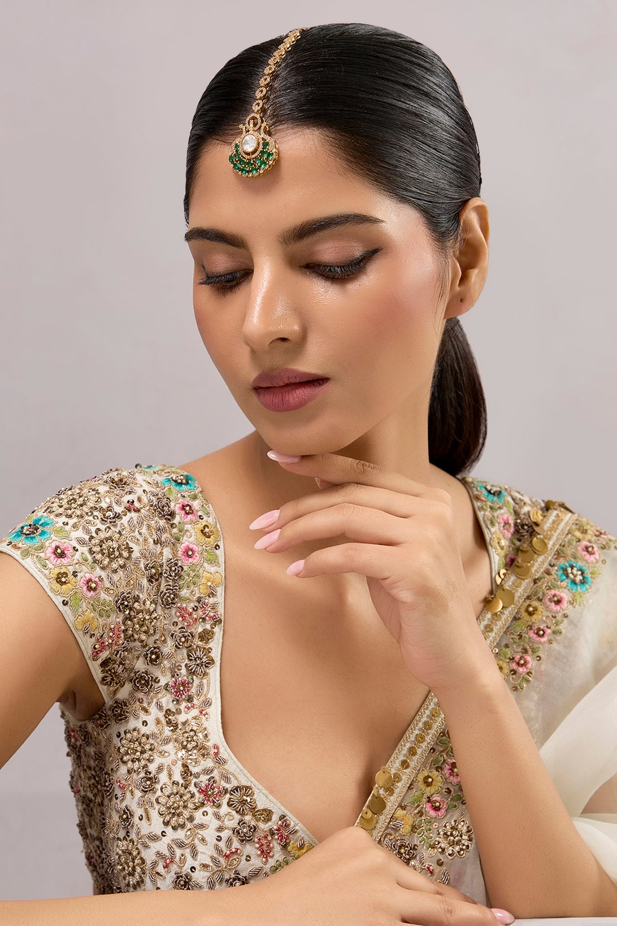 Gold Finish Kundan Polki & Green Stone Maangtikka