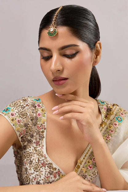 Gold Finish Kundan Polki & Green Stone Maangtikka