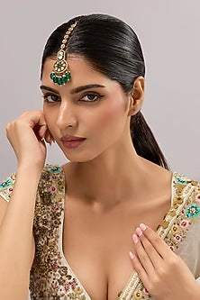 Gold Finish Kundan Polki & Green Stone Maangtikka