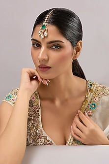 Gold Finish Kundan Polki & Green Stone Maangtikka