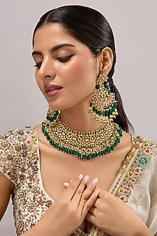Gold Finish Kundan Polki & Green Stone Necklace Set