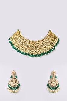 Gold Finish Kundan Polki & Green Stone Necklace Set