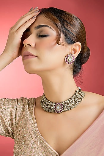 Black Rhodium Finish Kundan Polki & Ruby Choker Necklace Set