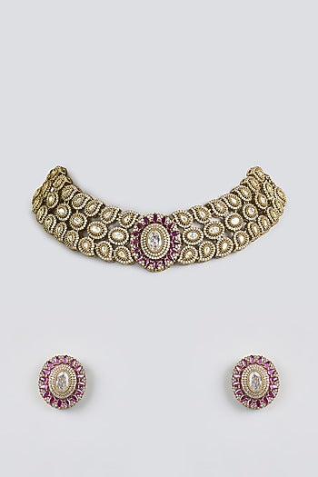 Black Rhodium Finish Kundan Polki & Ruby Choker Necklace Set