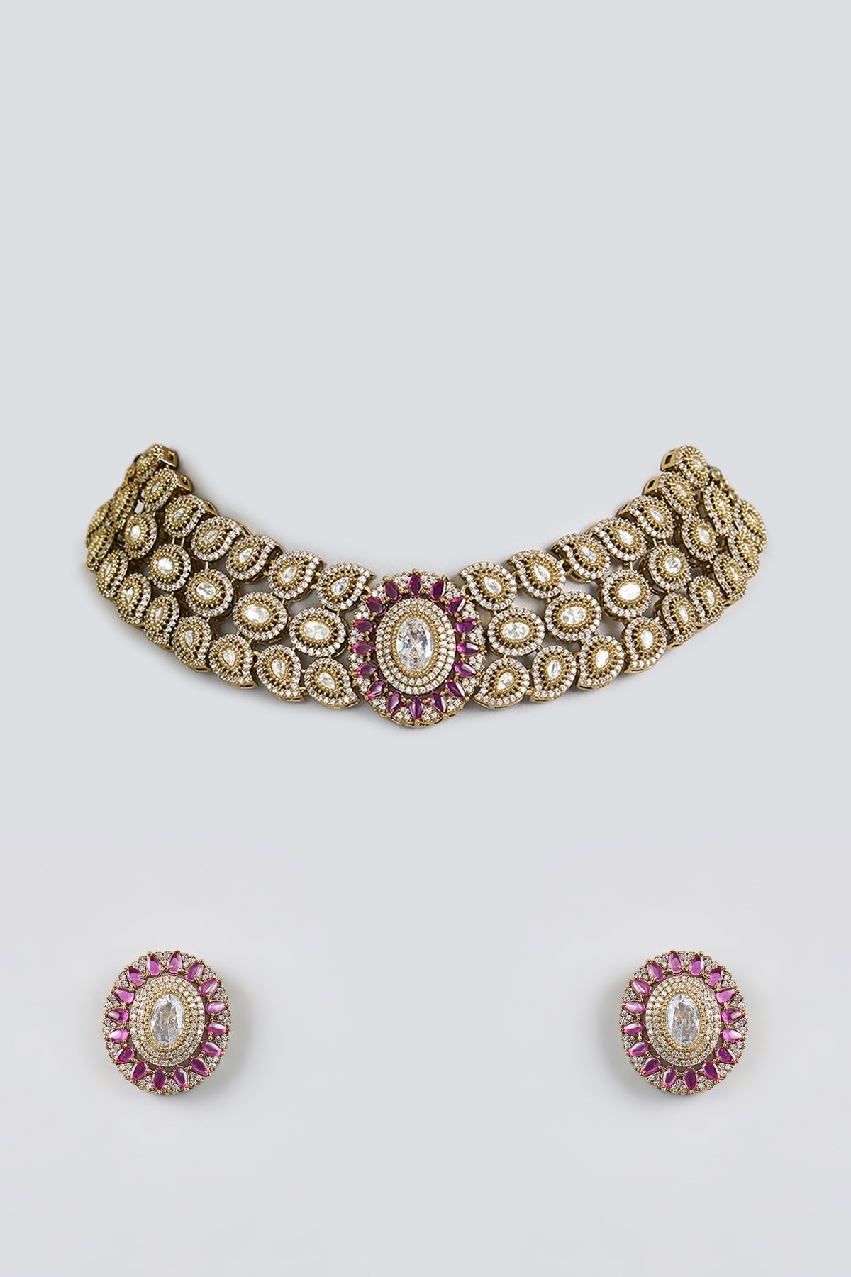 Black Rhodium Finish Kundan Polki & Ruby Choker Necklace Set