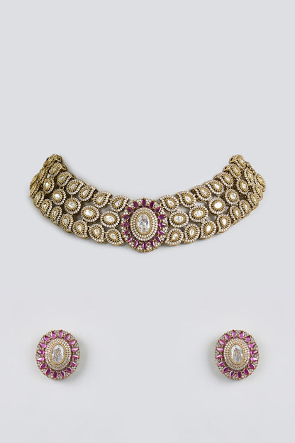 Black Rhodium Finish Kundan Polki & Ruby Choker Necklace Set