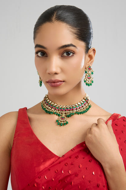 Gold Finish Multi-Colored Kundan Polki Necklace Set