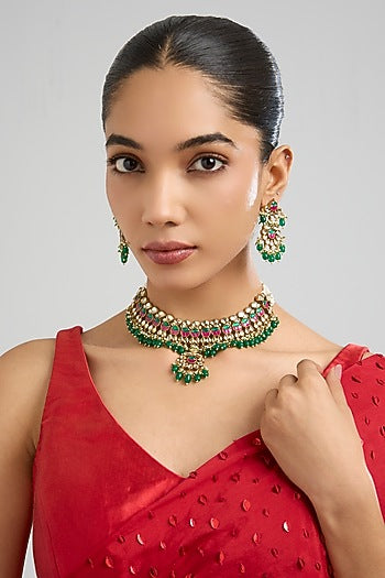 Gold Finish Multi-Colored Kundan Polki Necklace Set