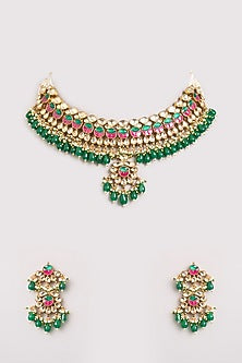 Gold Finish Multi-Colored Kundan Polki Necklace Set
