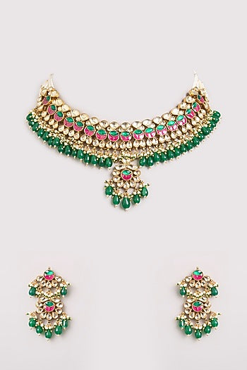 Gold Finish Multi-Colored Kundan Polki Necklace Set