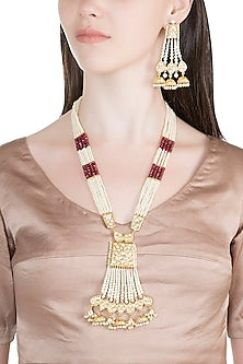 Gold Finish Kundan, Pearls & Semi-Precious Red Stones Necklace Set