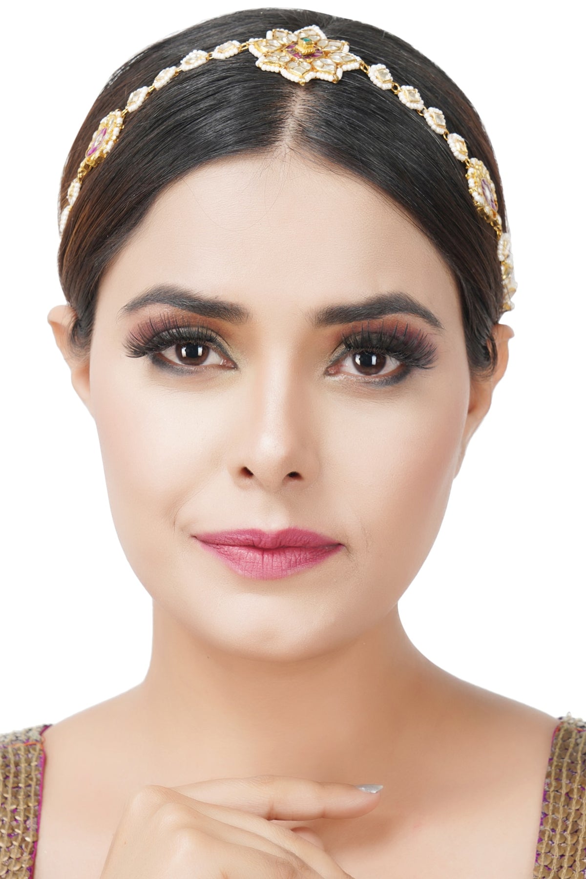 Gold Plated Headband With Kundan Polki