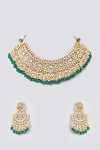 Gold Plated Kundan Polki & Handcrafted Green Stones Necklace Set