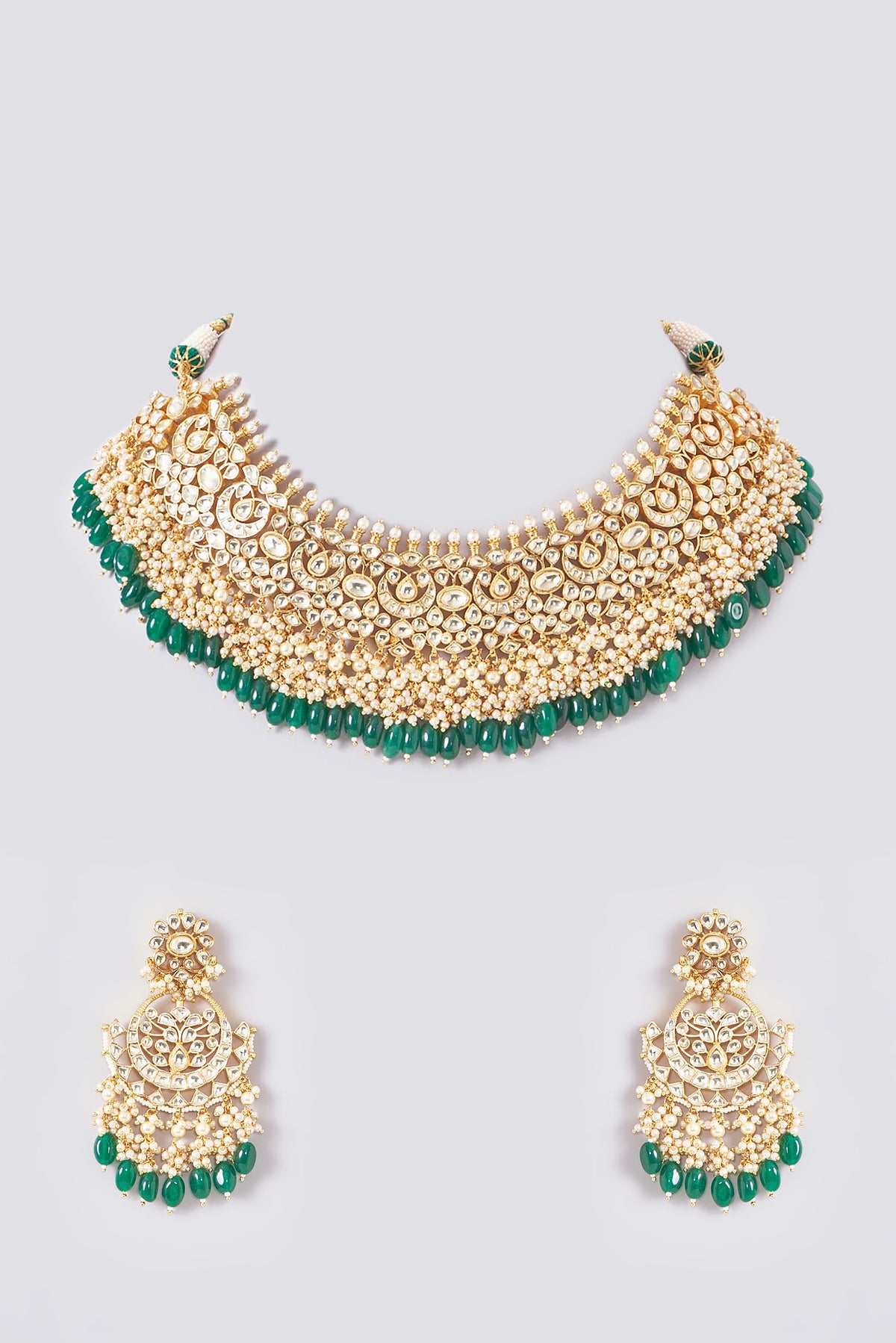 Gold Plated Kundan Polki & Handcrafted Green Stones Necklace Set