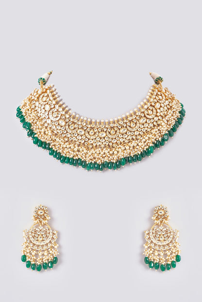 Gold Plated Kundan Polki & Handcrafted Green Stones Necklace Set