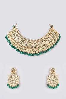 Gold Plated Kundan Polki & Handcrafted Green Stones Necklace Set