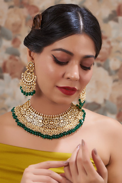 Gold Plated Kundan Polki & Handcrafted Green Stones Necklace Set