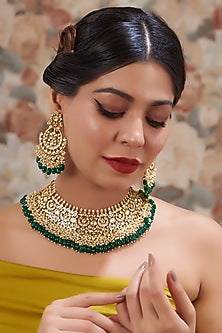 Gold Plated Kundan Polki & Handcrafted Green Stones Necklace Set