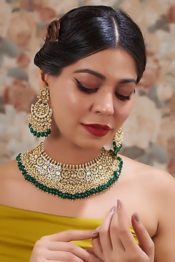 Gold Plated Kundan Polki & Handcrafted Green Stones Necklace Set