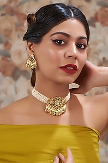 Gold Plated Kundan Polki & Handcrafted Stones Choker Necklace Set