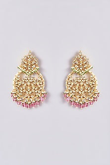 Gold Plated Kundan Polki & Handcrafted Pink Stones Chandbali Earrings