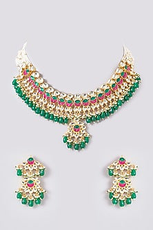 Gold Plated Kundan Polki & Handcrafted Green Stones Necklace Set