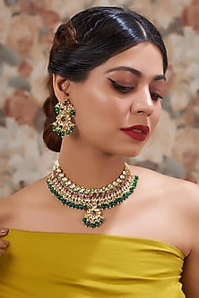 Gold Plated Kundan Polki & Handcrafted Green Stones Necklace Set