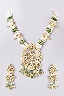 Gold Plated Kundan Polki & Handcrafted Green Stones Long Necklace Set
