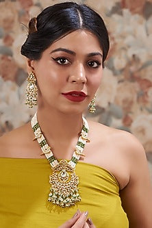 Gold Plated Kundan Polki & Handcrafted Green Stones Long Necklace Set