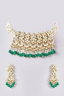 Gold Plated Kundan Polki & Handcrafted Green Stones Choker Necklace Set